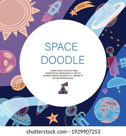 Hand draw space illustration with a rocket, astronaut, planets and aliens. Cute, children s vector drawing about spaceships, flying saucers and shuttles. Space with Saturn, Jupiter and stars