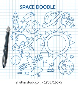 Hand draw space illustration with a rocket, astronaut, planets and aliens. Cute, children s vector drawing about spaceships, flying saucers and shuttles. Space with Saturn, Jupiter and stars