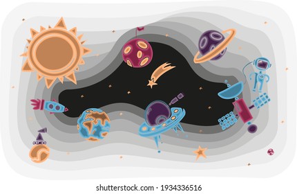 Hand draw space illustration with a rocket, astronaut, planets and aliens. Cute, children s vector drawing about spaceships, flying saucers and shuttles. Space with Saturn, Jupiter and stars