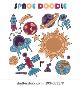 Hand draw space illustration with a rocket, astronaut, planets and aliens. Cute, children s vector drawing about spaceships, flying saucers and shuttles. Space with Saturn, Jupiter and stars