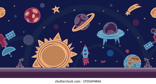 Hand draw space illustration with a rocket, astronaut, planets and aliens. Cute, children s vector drawing about spaceships, flying saucers and shuttles. Space with Saturn, Jupiter and stars