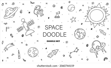 Hand draw space illustration with a rocket, astronaut, planets Cute, children s vector drawing Doodle icons Kid s elements for scrap-booking. Childish background