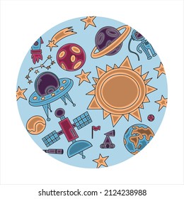 Hand draw space illustration with a rocket, astronaut, planets and aliens. Cute, children s vector drawing about spaceships, flying saucers and shuttles. Space with Saturn, Jupiter and stars