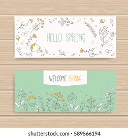 Hand Draw Spring Banners. Modern Spring Banners With Yellow. 