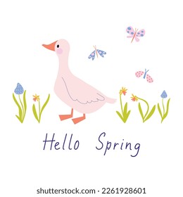 Dibujar a mano ilustración de primavera con lindos ganso de dibujos animados, flores, mariposas. Impresión de primavera de saludo
