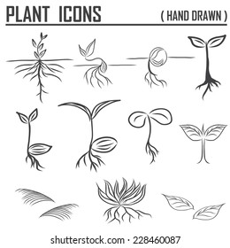 Hand draw Sprouts plants seeding, Set of green leaves design elements. Green sprout green leaves symbol vector icon set. 