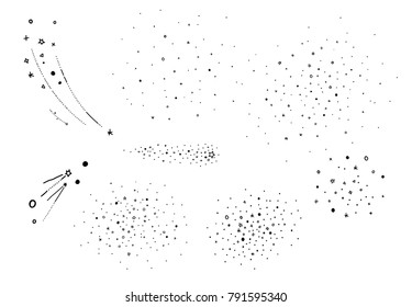 Hand draw starry elements. Stars cluster, falling stars. Sketched vector elements for universe and astrology illustration, cartoon style.