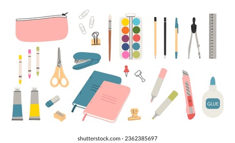 Hand draw stationery elements.Accessories for study,pencils,notebook,markers,scissors,pencil case.