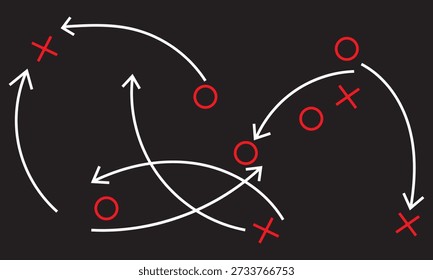 Icono de Plan de juego de estrategia de dibujo a mano. Ilustración de estilo de boceto de flechas con símbolos X y O, que representan tácticas deportivas, estrategia de entrenamiento, movimiento de equipo y conceptos de planificación de juegos.

