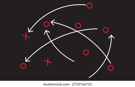 Hand draw strategy game plan icon. Sketch style illustration of arrows with X and O symbols, representing sports tactics, coaching strategy, team movement, and game planning concepts.
