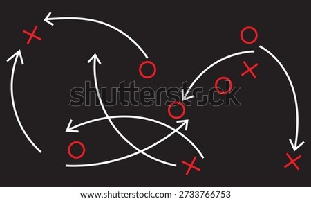 Hand draw strategy game plan icon. Sketch style illustration of arrows with X and O symbols, representing sports tactics, coaching strategy, team movement, and game planning concepts.
