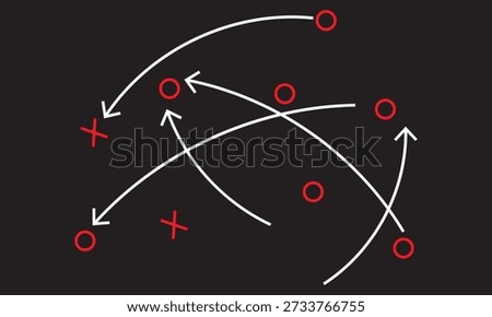 Hand draw strategy game plan icon. Sketch style illustration of arrows with X and O symbols, representing sports tactics, coaching strategy, team movement, and game planning concepts.
