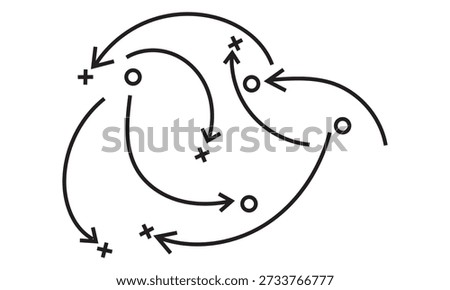 Hand draw strategy game plan icon. Sketch style illustration of arrows with X and O symbols, representing sports tactics, coaching strategy, team movement, and game planning concepts.
