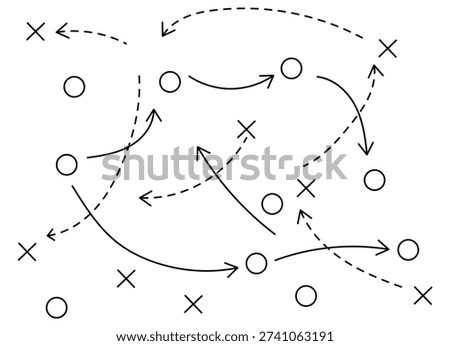 Hand draw strategy game plan for football, basketball, handball, sketched black marker, isolated on white, clipping path, design elements. Sketch style illustration of arrows with X and O symbols.