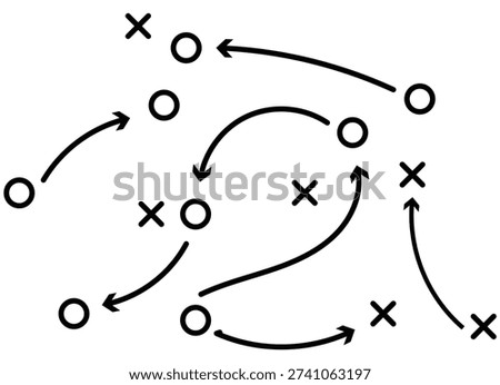 Hand draw strategy game plan for football, basketball, handball, sketched black marker, isolated on white, clipping path, design elements. Sketch style illustration of arrows with X and O symbols.