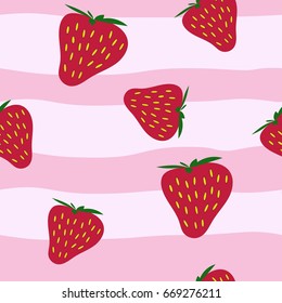 HAND DRAW STRAWBERRY WITH STRIP BACKGROUND SEAMLESS PATTERN VECTOR