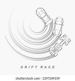 Hand Draw Style Of 3 Drift Cars Logo And Tyre Mark From Top View.(EPS10 Art Vector)