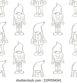 Hand draw style. Monochrome pattern with scandinavian gnomes