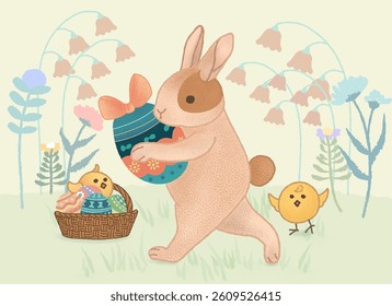 Hand draw style,painted eggs, rabbits, chickens, flowers,. Easter and spring elements. Vector illustration in flat style. Happy Easter