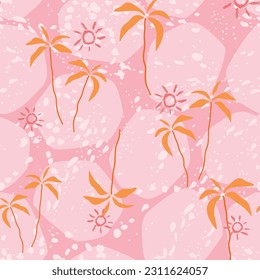 Hand Draw Summer Beach Palm Tree On Brick illustration Vector Seamless Pattern Pink Background Wallpaper With Outline Sun 