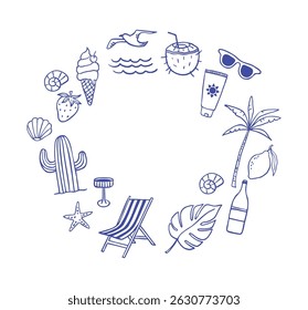 Coleção de verão desenhada à mão. Estilo de desenho de giz de cera, italiano la dolce vita, design de círculo