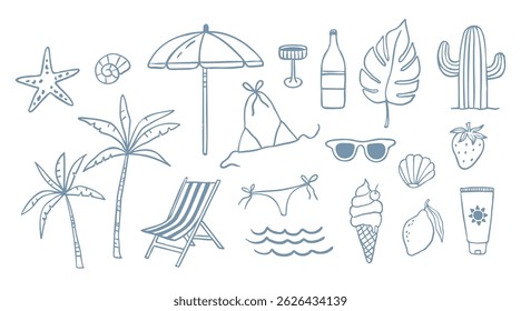 Coleção de verão desenhada à mão. Palm, sorvete, frutas. Crayon estilo de desenho, italiano la dolce vita