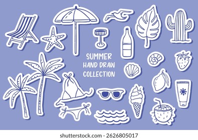 Hand draw summer collection. Palm, ice cream, fruits. Crayon drawing style, Italian. Stickers