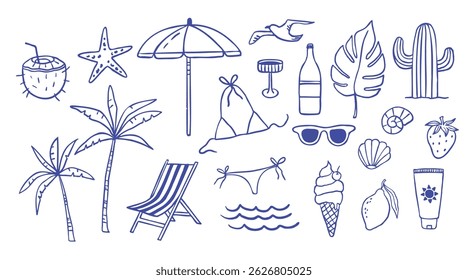 Coleção de verão desenhada à mão. Palmeira, coco, frutas. Crayon estilo de desenho, italiano la dolce vita