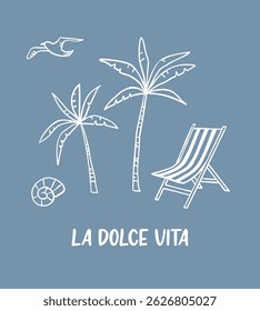 Hand draw summer collection. Palm, sea. Crayon drawing style, Italian la dolce vita