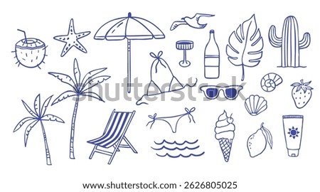 Hand draw summer collection. Palm, coconut, fruits. Crayon drawing style, Italian la dolce vita
