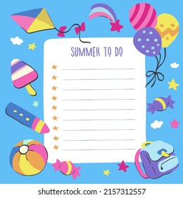 Hand draw summer to do list for kids cartoon style. Vector blank for a children's wish list or plans for the summer, in blue with children's toys on the background