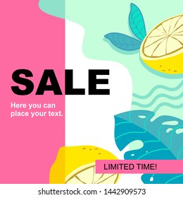 Hand draw summer party poster with fruits and leaves art vector illustration 
