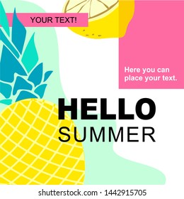 Hand draw summer party poster with lemon and pineapple vector illustration 