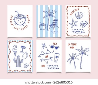 Coleção de cartazes de verão desenhados à mão. Crayon estilo de desenho, italiano la dolce vita. Estampas de parede