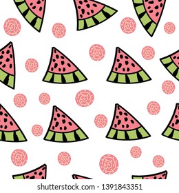 Hand draw summer seamless pattern with doodles watermelon slices.  abstract texture with fruits