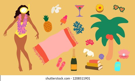 Hand draw summer vacation character and objects