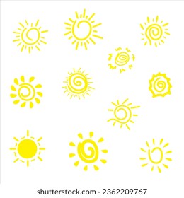 Dibujar mano conjunto de iconos de ilustración vectorial Sun, aislado en fondo blanco