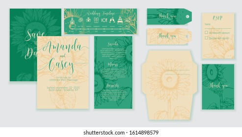 Hand Draw Sunflower Wedding Invitation Cards. Vector Design.