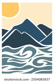 Hand draw sunset and mountains on sea lanscape panorama. Organic doodle shapes matisse style, naive art, contemporary backgrounds. beach and mountains vector illustration