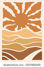 Hand draw sunset on sea lanscape panorama. Organic doodle shapes matisse style, naive art, contemporary backgrounds. beach and sun vector illustration