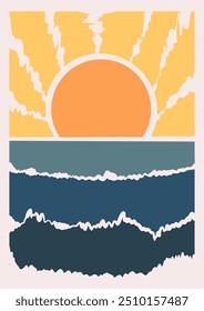 Hand draw sunset on sea lanscape panorama. Organic doodle shapes matisse style, naive art, contemporary backgrounds. beach and sun vector illustration