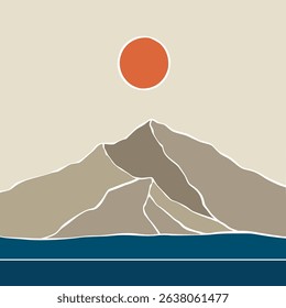 Hand draw sunset on sea lanscape panorama. Organic shapes matisse style, naive art, contemporary backgrounds. Beach and mountains vector illustration	