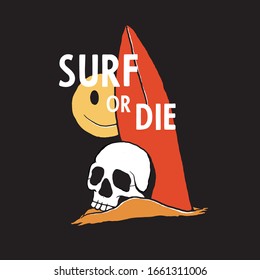 ilustración de tabla de surf dibujada a mano. cráneo y tabla de surf.