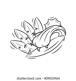 Hand draw surfing illustration. Wave in the form of predator paw covers a surfboard against a background of palm leaves and the sun - stock vector