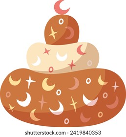 Hand draw sweet birthday cake with moon and stars isolated on white background. Cute vector illustration in cartoon style. Pink and orange colors.Doodle style. Cake icon. Celebration, party.Chocolate.