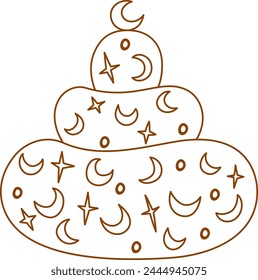 Hand draw sweet birthday cake with moon and stars isolated on white background. Cute vector illustration. Line art and Doodle style. Cake icon. Celebration, party.Chocolate.Coloring book.