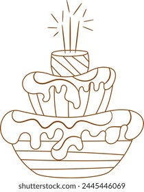 Hand draw sweet chocolate birthday cake with sparklers isolated on white background. Cute vector illustration. Line art and Doodle style. Cake icon. Celebration, party.Coloring book.