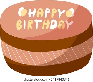 Hand draw sweet chocolate cake with lettering happy birthday isolated on white background. Cute vector illustration in cartoon style. Pink and brown colors.Doodle style. Cake icon. Celebration, party.