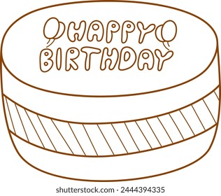 Hand draw sweet chocolate cake with lettering happy birthday isolated on white background. Cute vector illustration. Line art and Doodle style. Cake icon. Celebration, party.Coloring book.