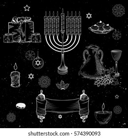 hand draw Symbols collection - attributes Of Hanukkah black and white color